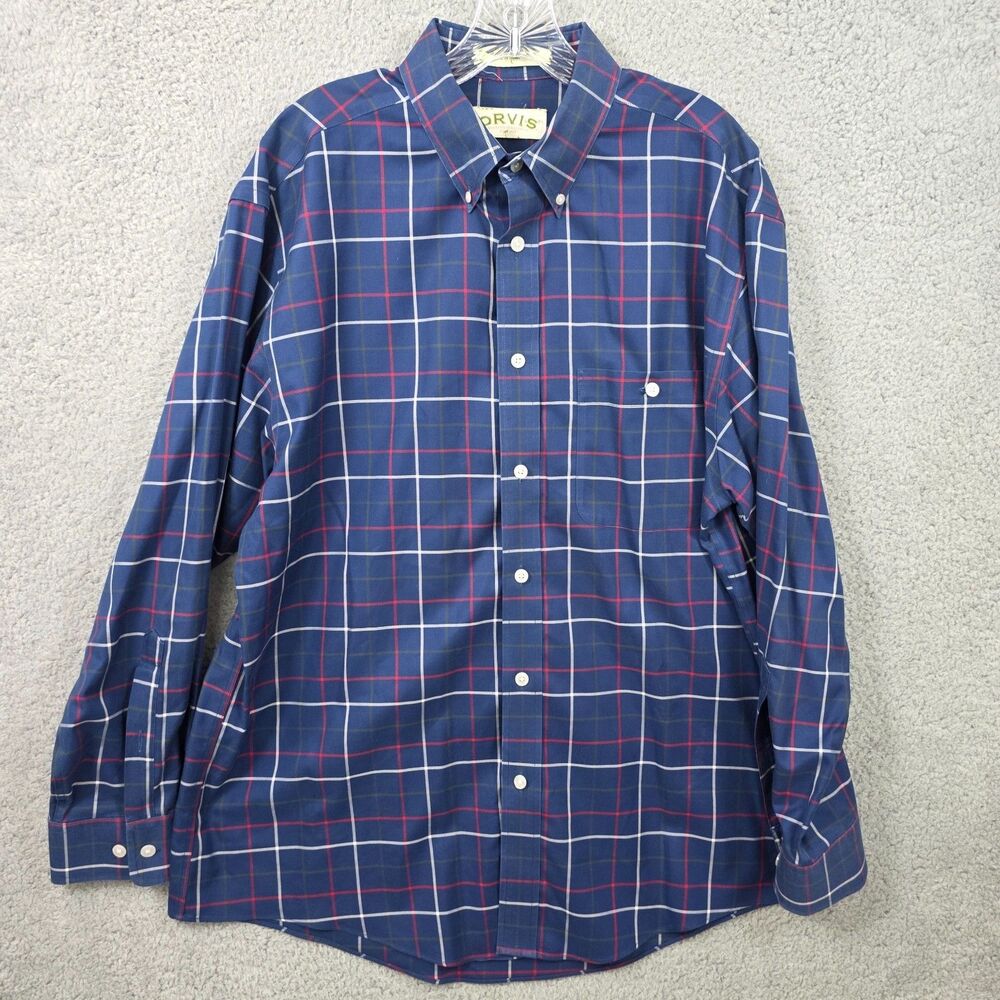 Orvis Men's Blue Multi Check Button Down Long Sleeve Cotton Size L